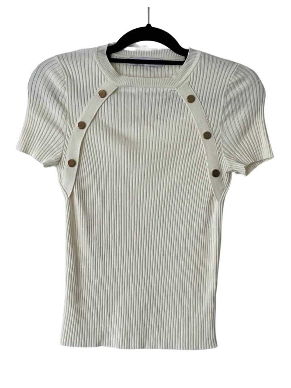 Mango Short-Sleeved Ribbed Sweater with Buttons Cream M - Picture 3 of 6